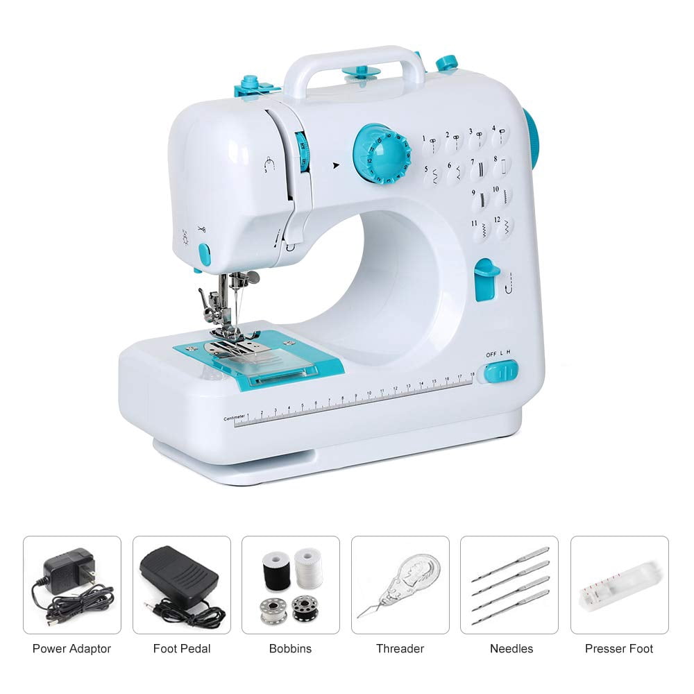 DEWIN Electric Sewing Machine Crafting Speed Crafting Mending Machine Portable Mini with 12 Built-in Stitches, 2 Speeds Double Thread, Embroidery,Foot Pedal for Beginners and Kids (White and Blue)