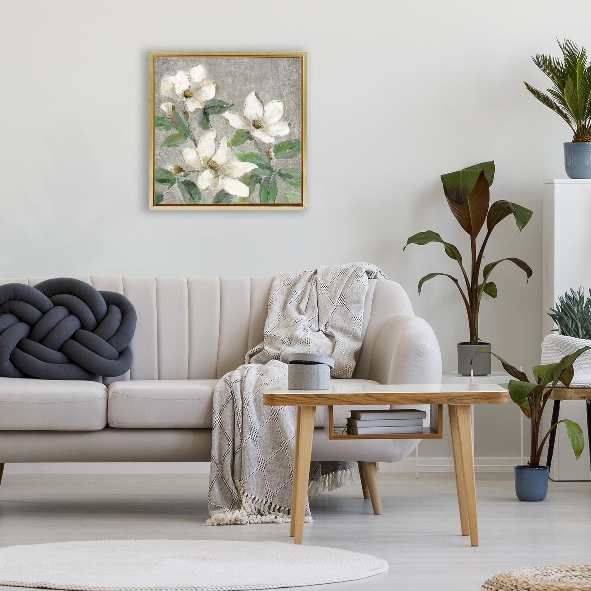 Stupell Industries Ivory Magnolias on Grey Gold Framed Floater Canvas Wall Art, design by Sally Swatland