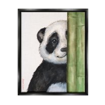 Stupell Industries Panda Bear Peering Around Bamboo Smiling Animal Painting Jet Black Floating Framed Canvas Print Wall Art, Design by George Dyachenko