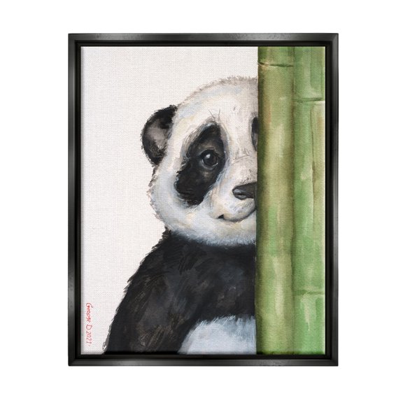 Stupell Industries Panda Bear Peering Around Bamboo Smiling Animal Painting Jet Black Floating Framed Canvas Print Wall Art, Design by George Dyachenko