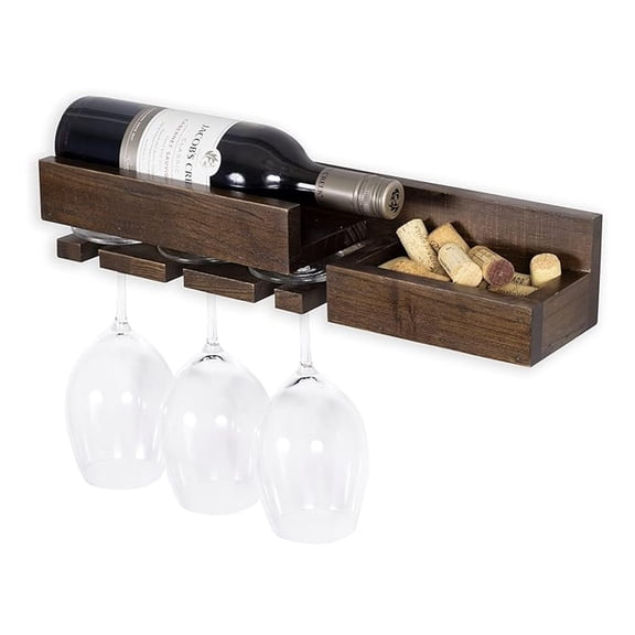Semillon Wall Mounted Wine Rack and Cork Storage Holder Shelf Organizer with 3 Stemware and 3 Bottle Capacity - Home, Kitchen, Dining Room Bar Décor - Walnut