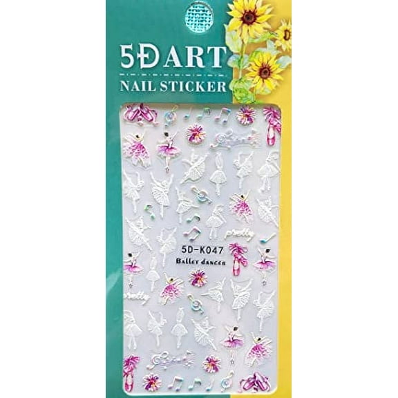 5D Pink and Purple Ballerina Inspired fingernail Art Along with White Ballerinas and Musical Notes - Music