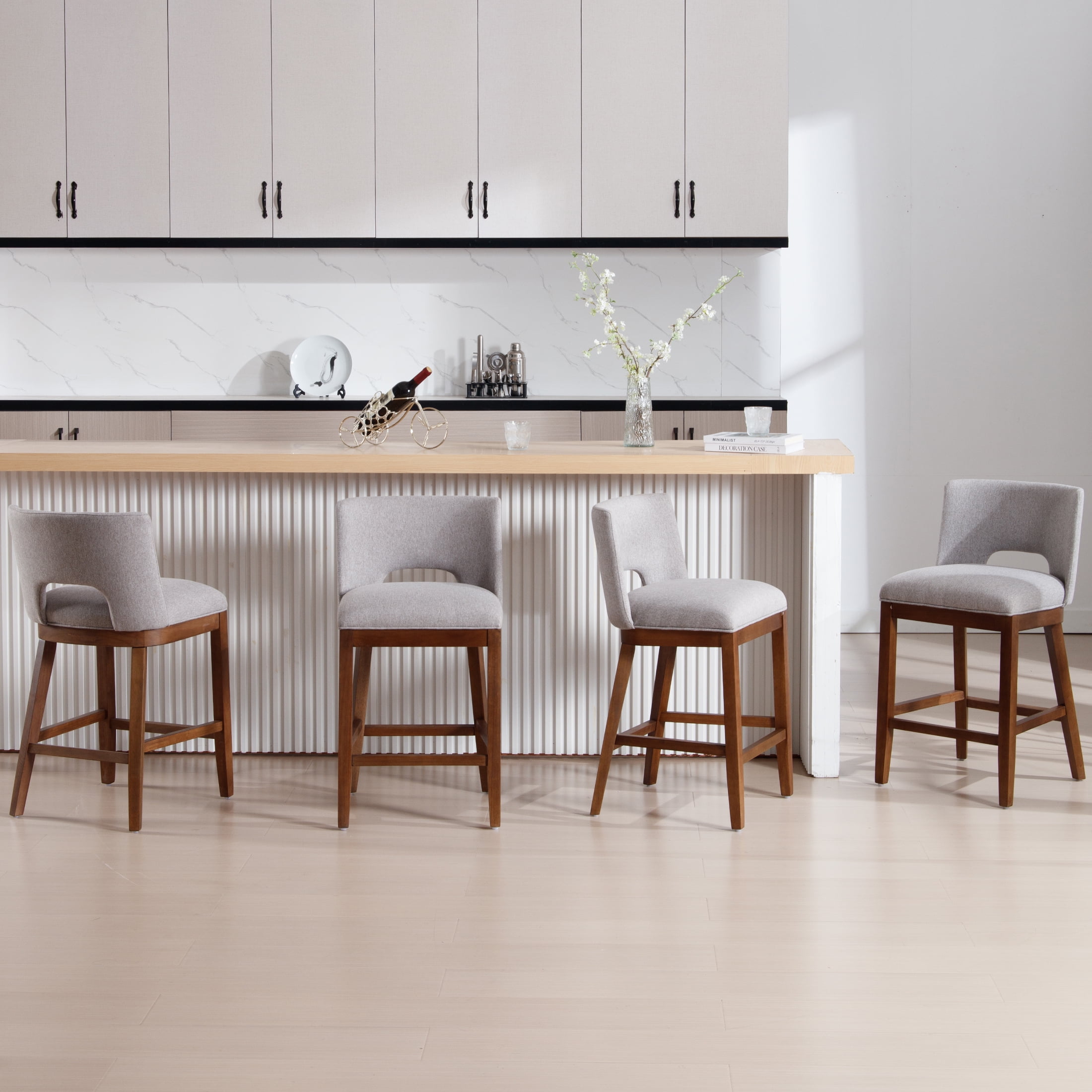 Guyou Linen Bar Stools Set of 2, 26" Modern Counter Height Barstools, Farmhouse Wooden Kitchen Island Chairs with Open Back for Restaurant Kitchen Bar, Grey
