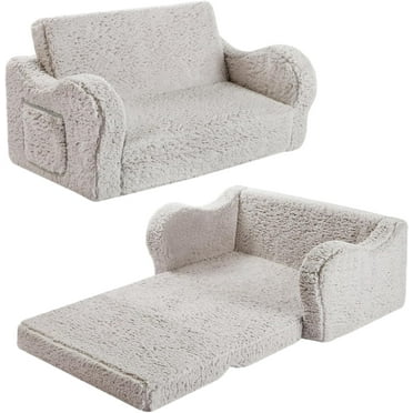 Kids Extra Wide Chairs for Toddler, 2-in-1 Toddler Soft Sherpa Couch Fold Out, Convertible Sofa to Lounger for Girls and Boys, Grey