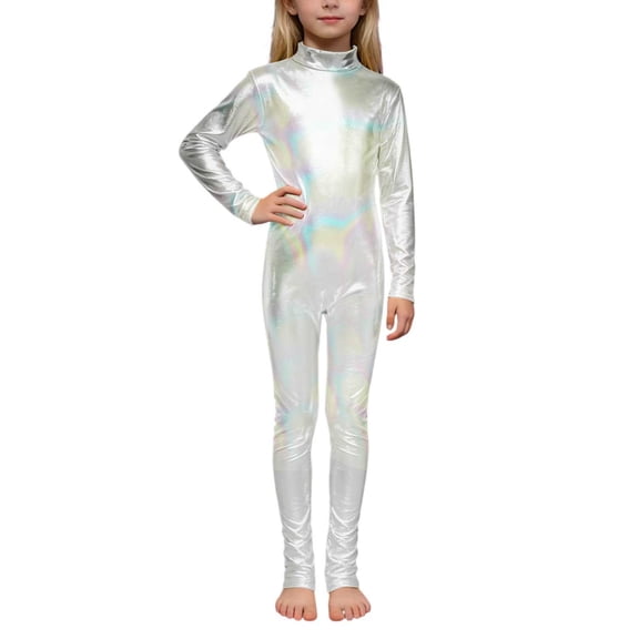 Girls Metallic High Neck Long Sleeve Performance Romper With Glitter Zipper Dance Stage Clothes