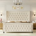 thumbnail image 3 of Homfa King Size Bed Frame, Modern Velvet Tufted Wingback Bed, Platform Bed with 55"H Upholstered Headboard, Off-White, 3 of 10