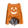 thumbnail image 2 of GILIGEGE Women's Halloween Pumpkin Face Print Sweater Off Shoulder Long Sleeve Loose Knit Funny Graphic Pullover Spooky Casual Crewneck Sweatshirt Trendy Fall Jumper Top Pink, 2 of 4