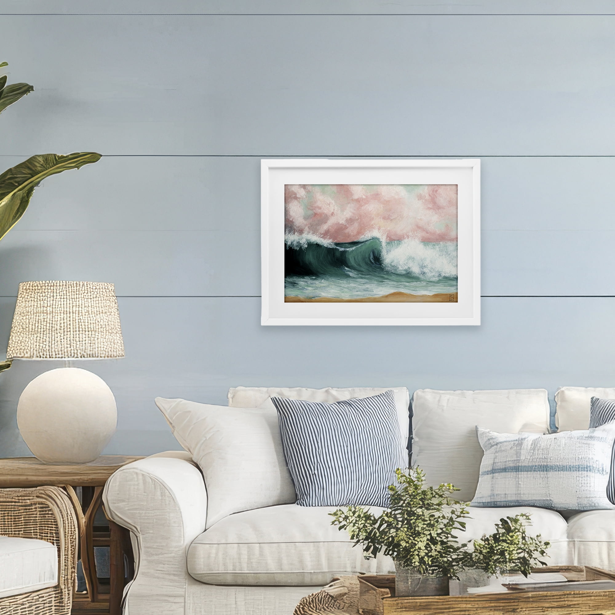 Crashing Seascape Waves White Framed Print Under Glass, design by Sara Culpepper
