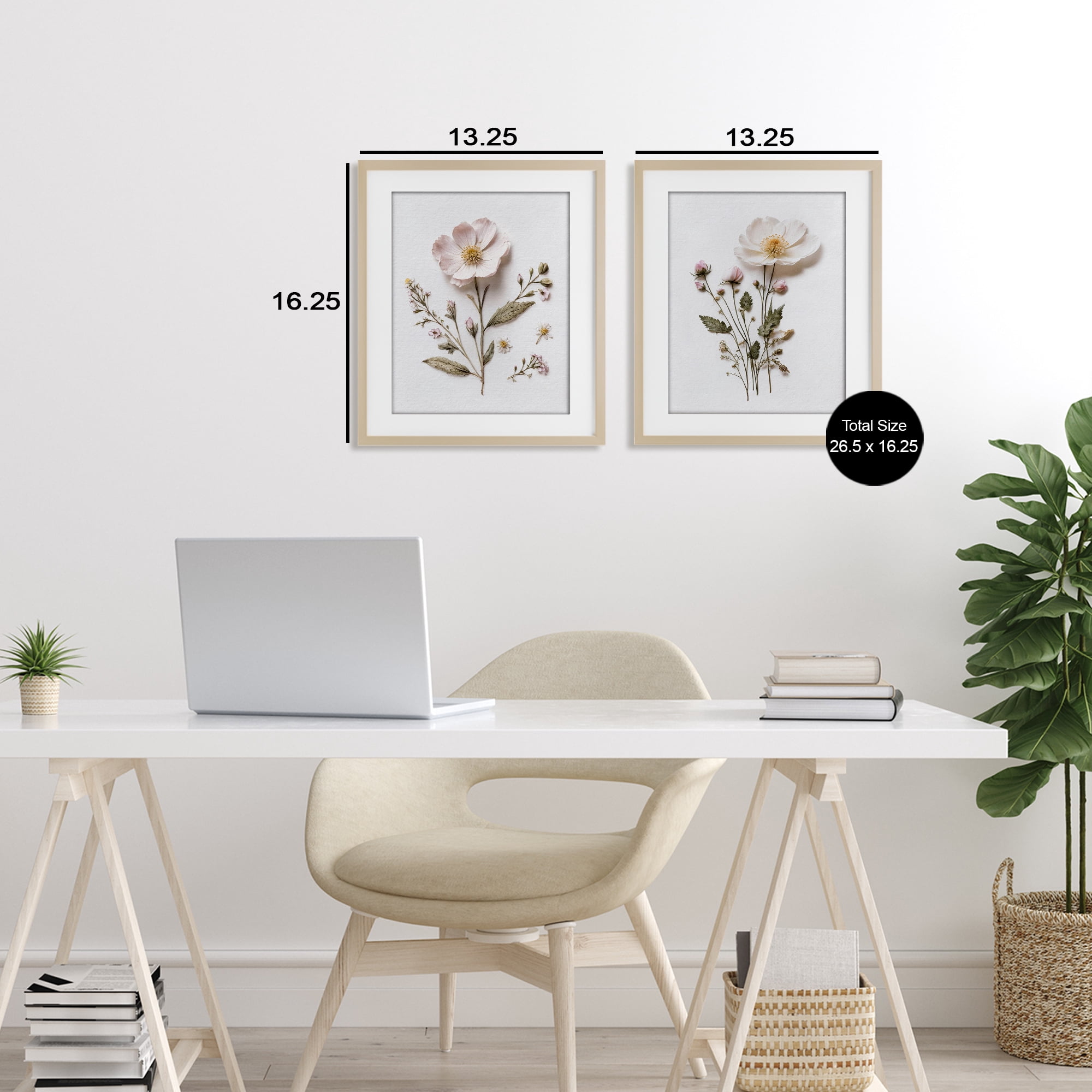 Minimal Pressed Flowers 2 Piece Birch Framed Print Under Glass Set, design by Lettered and Lined