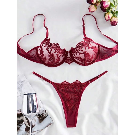 Burgundy Lingerie Set Sheer Mesh Embroidery