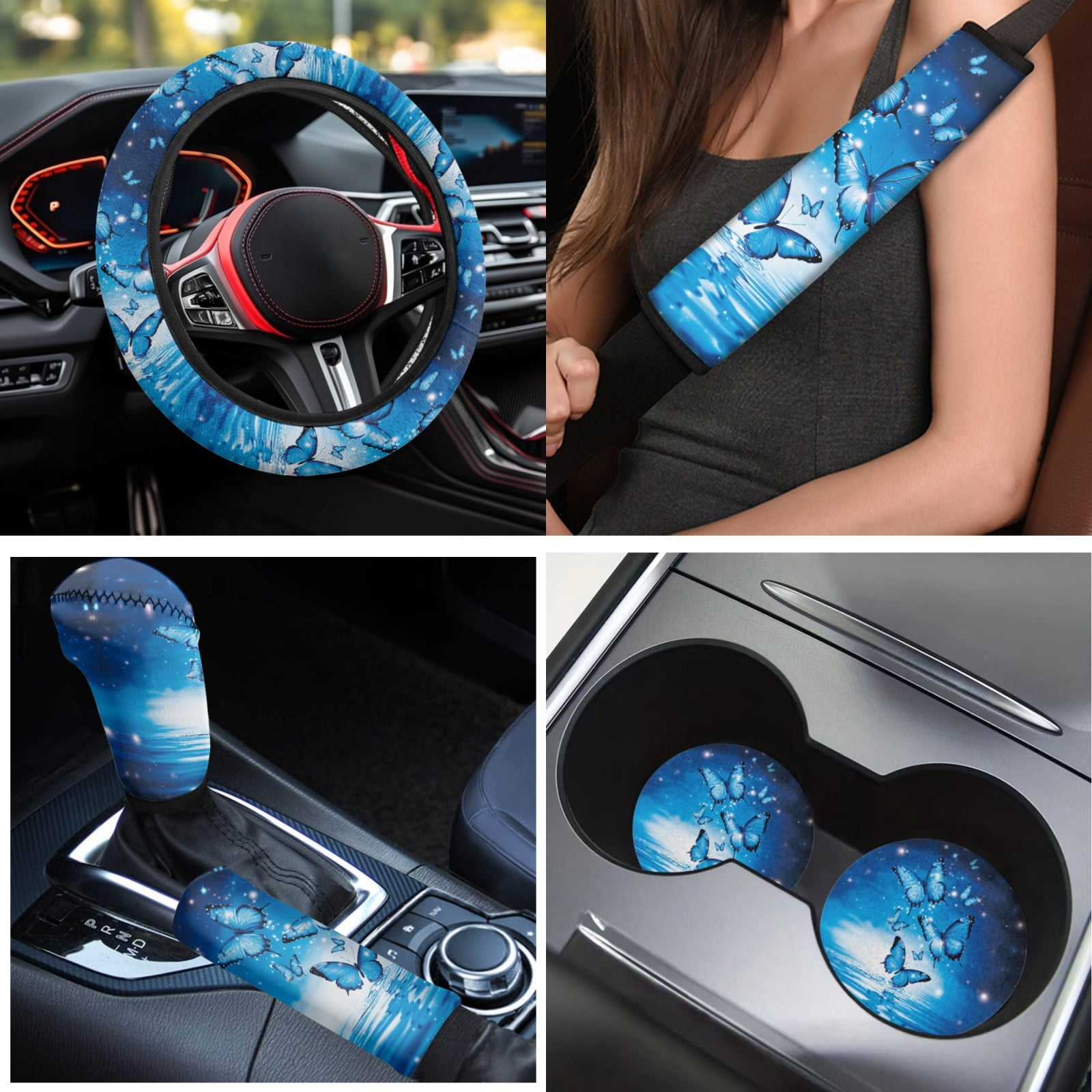 Yuyamidu 15pcs Blue Butterfly Car Seat Cover Split Cover Fashion Car Floor Mats Steering Wheel Cover Seatbelt Pads Auto Handbrake Cover Set Cup Coasters