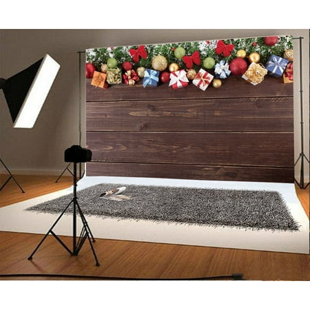 - GreenDecor Polyster 7x5ft Christmas Backdrop Gifts Balls Red Bowknot Gloomy Rustic Stripes Wood Plank Happy New Year Photography Background Kids Adults Photo Studio Props