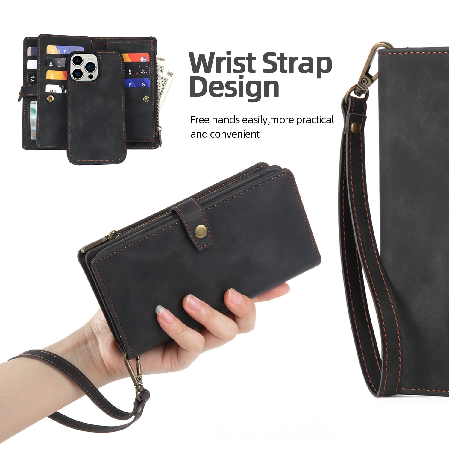 for iPhone 16 Plus Case, Wallet Case for Women Men, Durable PU Leather Magnetic Flip Lanyard Strap Wristlet Zipper Card Holder Wallet Phone Cases for iPhone 16 Plus, Black
