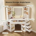 thumbnail image 3 of Afuhokles Corner Vanity, with LED Lights, 5 Drawers and Charging Station, Fluted Wood Makeup Vanity Desk with Mirror, Cabinets, Shelves, Drawers, White, 3 of 9
