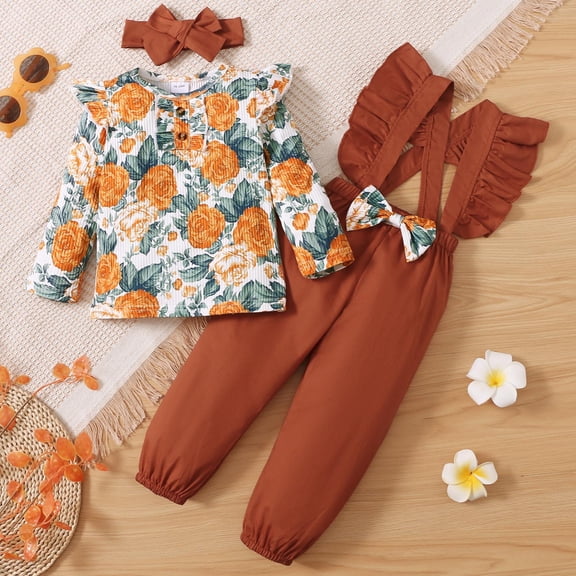 PatPat Toddler Girl Floral Print Ruffled Long-sleeve Top Bowknot Overalls and Headband Set for Girl,Sizes 18M-6Y,3-Piece
