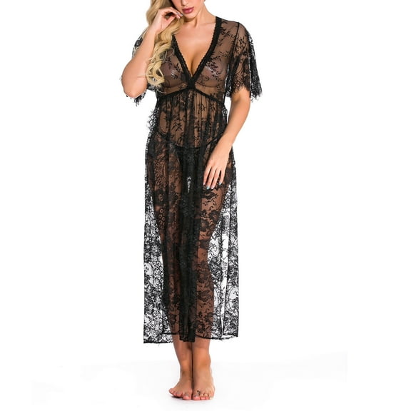 Ichuanyi Long Dress Nightdress Sexy Underwear Lace Cardigan Long Skirt Nightgown Suit