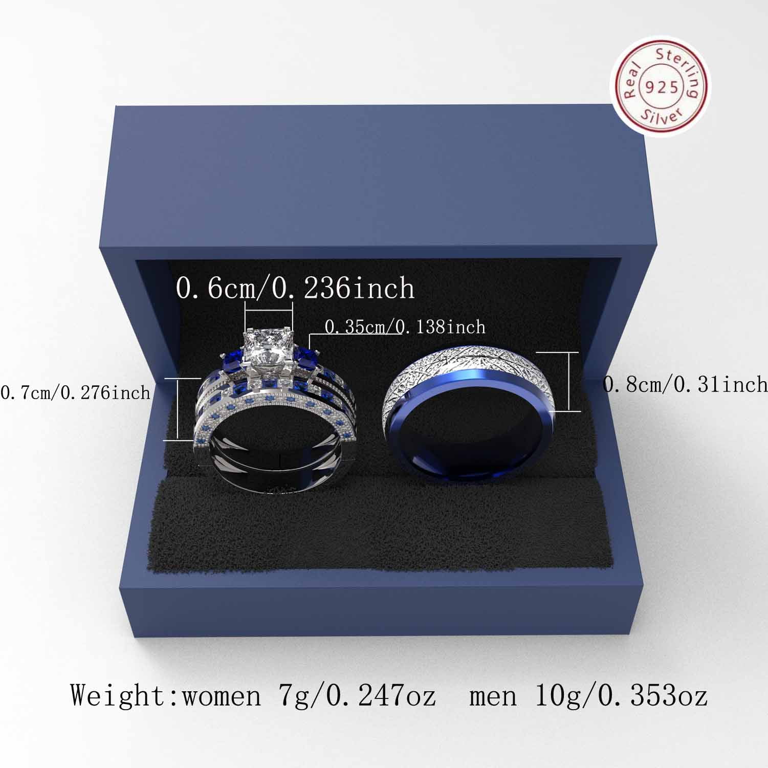3pc Couples Wedding Ring Sets His And Hers Women Sterling Silver Blue Moissanite and men Wedding Bands Together With Ring Gift Jewelry Box