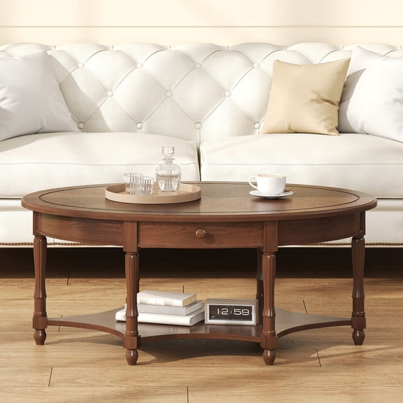 45-Inch Oval Vintage Coffee Table with Drawer and Lower Shelf, French Country Style Solid Wood Center Table for Living Room,Dark Walnut