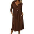 thumbnail image 3 of Summer Dresses for Women Plus Size V-Neck 3/4 Sleeve Solid Color Button-up Casual Loose Beach Sundresses, 3 of 7