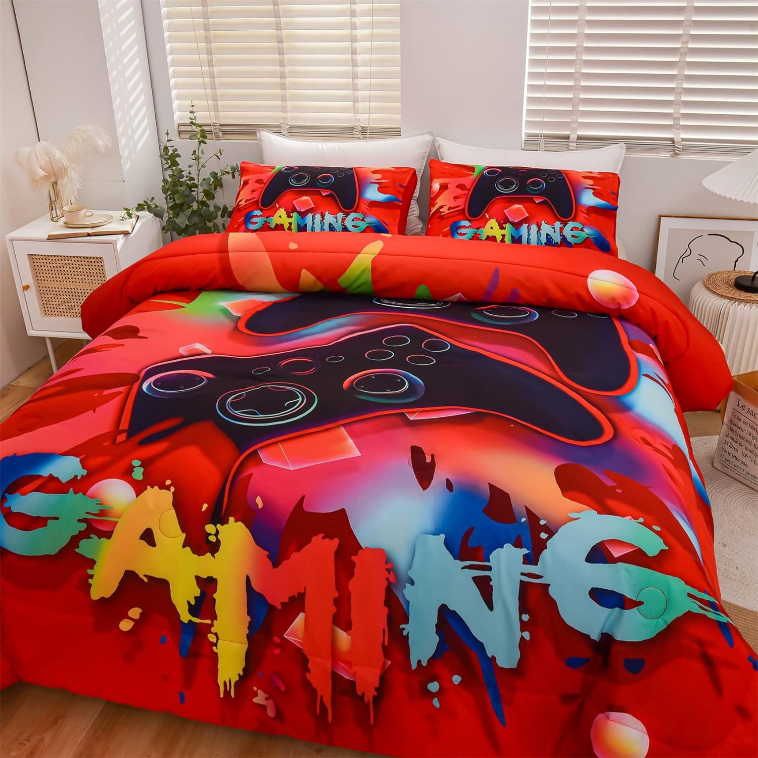 NTBED Red Twin Gaming Comforter Sets for Boys Kids Bedding Sets Colorful Games Console Gamer Quilt Set