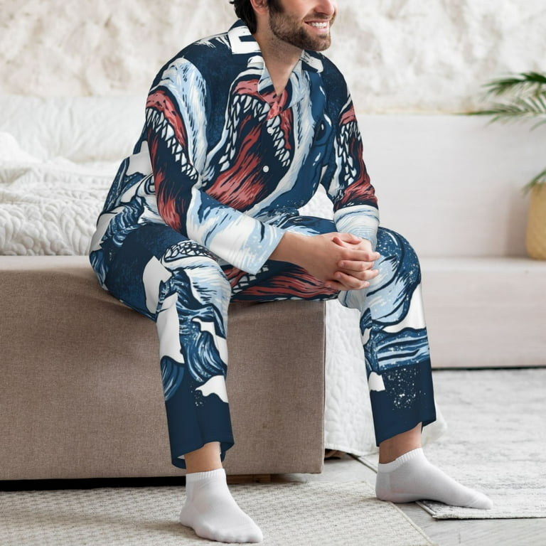 Horeoi Shark Print Pajamas Set Mens Pajamas Long Sleeve