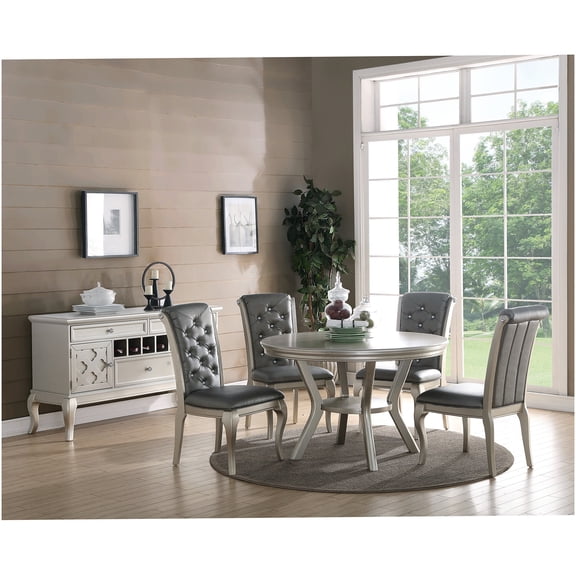 Silver 5-Piece Round Dining Table Set with 4 Upholstered Chairs, Solid Wood Table with Shelf for Formal Dining Room