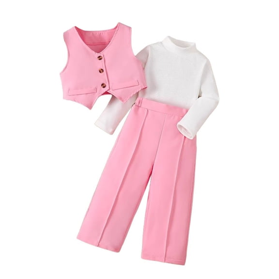 RMGVDSD Girls Vest Suits 3 Piece Outfit Kids Formal Suit Long Sleeve Tee Shirt And Button Down Vest Blazer Pants Set Stylish Clothing Trendy Clothing Sets