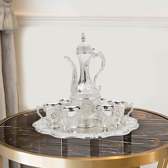 Turkish Tea Set, Vintage Turkish Coffee Set with Pot and 6 Cups for Home Decor Birthday Christmas Housewarming Wedding(Silver)