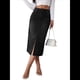 thumbnail image 3 of Falda Vaquera Elástica de Cintura Alta para Mujer, con Dobladillo Deshilachado, Corte A, Midi y Bolsillos. Negro L, 3 of 10