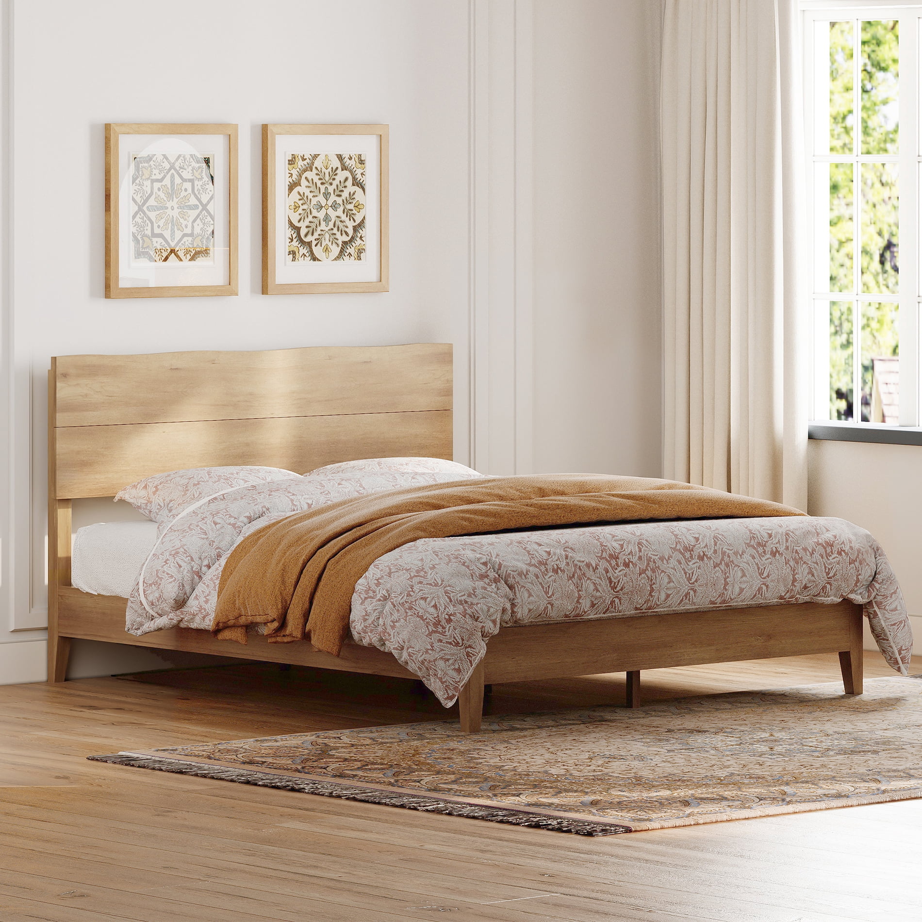 Queen Size Bed Frame with Minimalist Wave Headboard, Wooden Platform Bed Frame with Solid Wood Legs and Mid-Beam Support for Bedroom Furniture, Oak