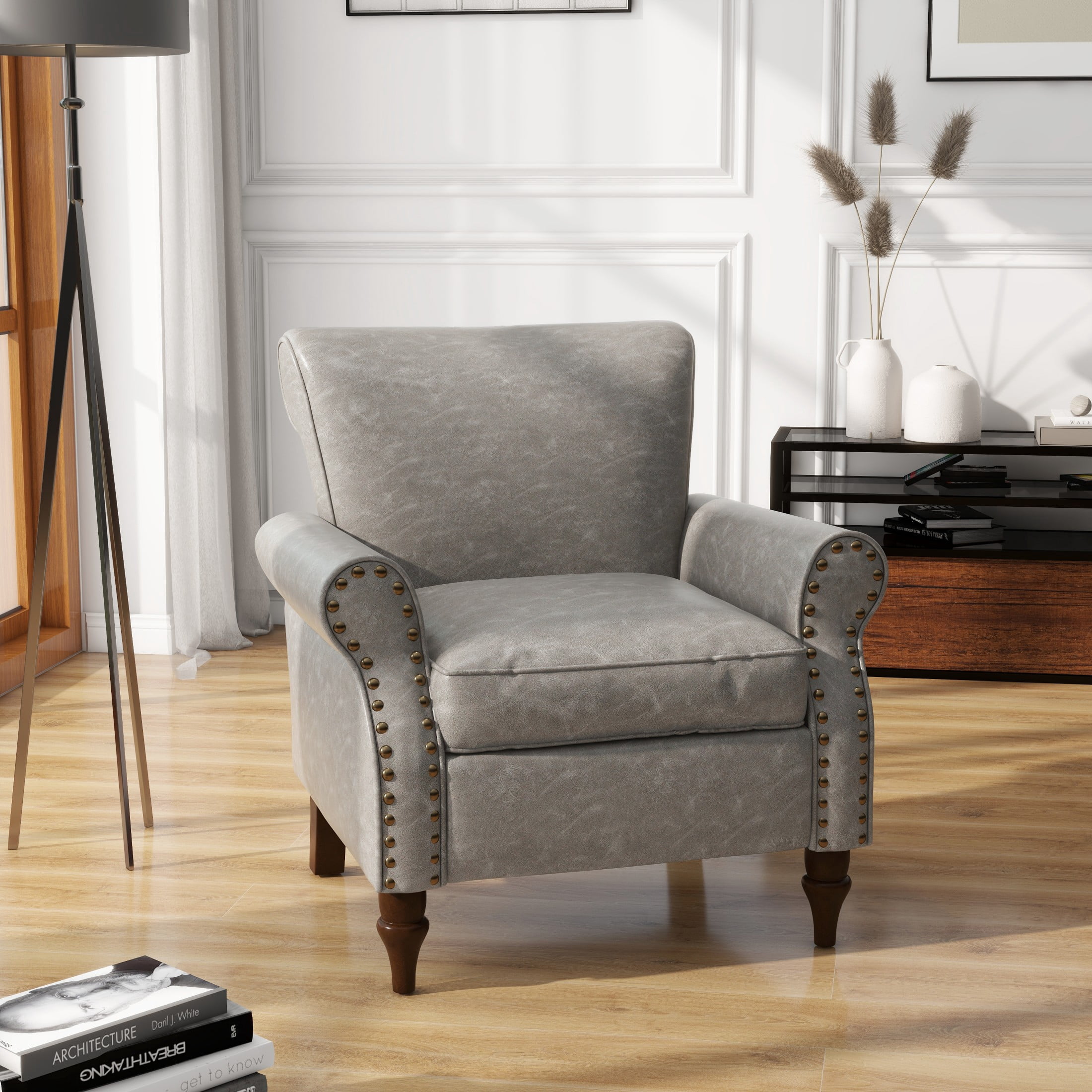 DREAMSIDEA Faux Leather Accent Chair for Living Room Upholstered Armchair Morden Comfy Living Room Single Reading Chair, Gray