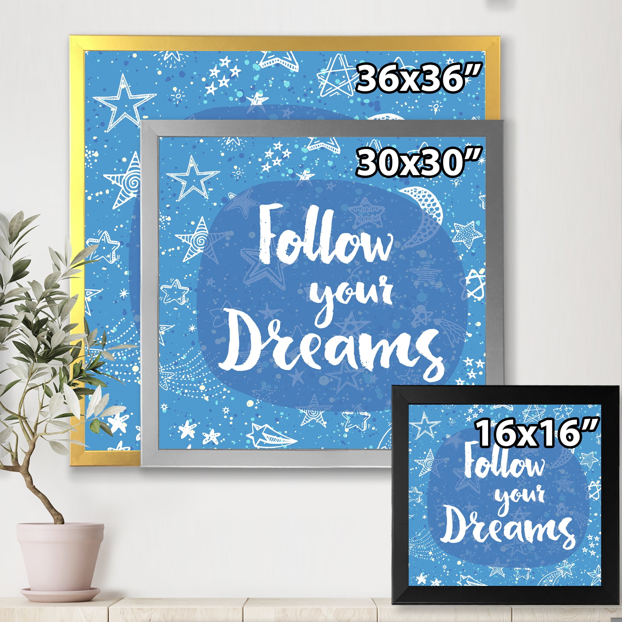 Designart 'Follow Your Dreams On Blue II' Modern Framed Art Print