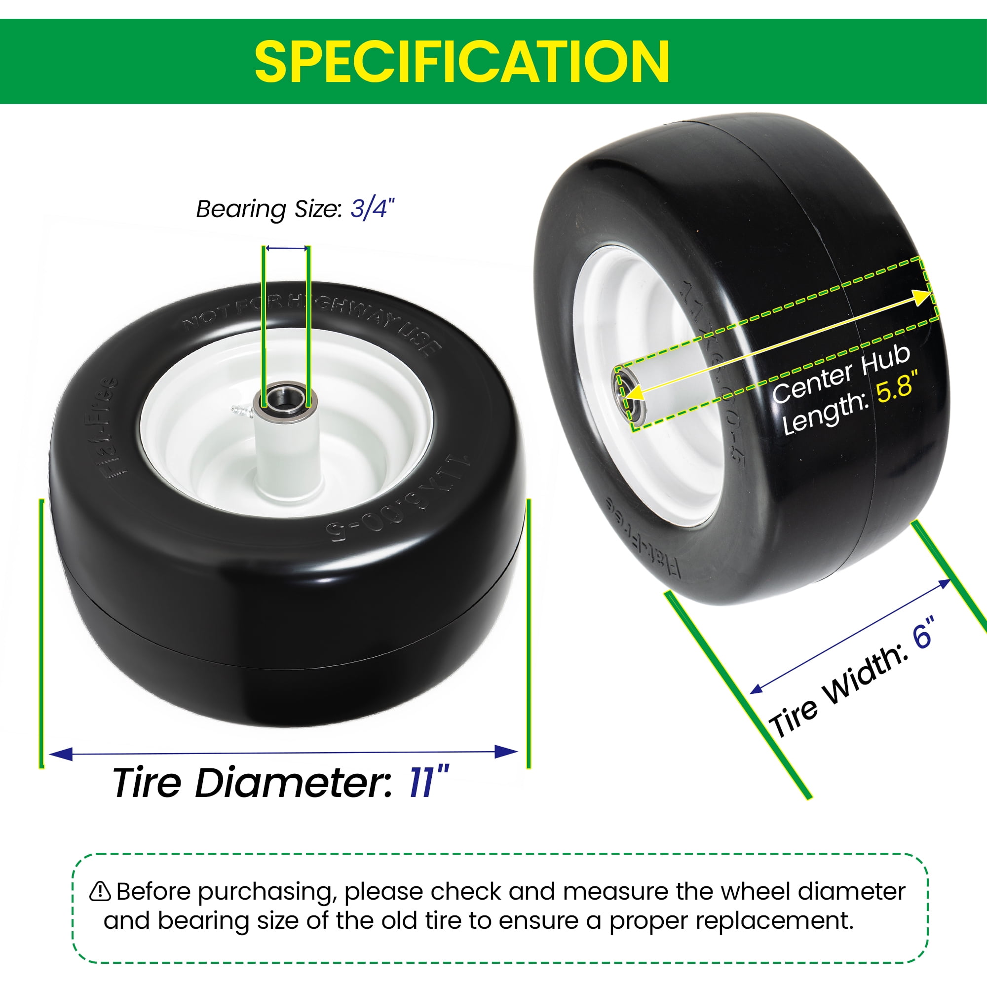 Leumius Set of 2 11x6.00-5 Smooth Tire and Wheel, 11x6-5 Solid Rubbe Riding Lawn Mower Tire with Rim, 3/4" Bearing, 5.8" Centered Hub, Smooth Tread Solid Tire for Zero Turn Mowers