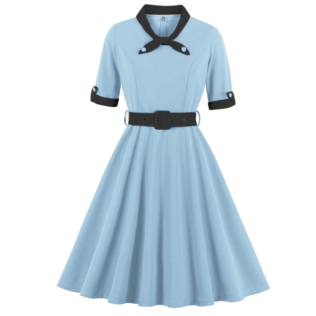 Soldes d'Été Iumwxz Robes à Col à Revers Manches Courtes pour Femmes Tunique Rétro à Fermeture Éclair Robe à Grand Ourlet avec Ceinture Robe Graphique à Blocs de Couleur Robe d'Invitée de Mariage Robes Amples et Fluides