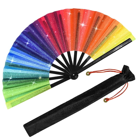 Ventilador de mano Jeyeou Rainbow Rave con purpurina holográfica con funda