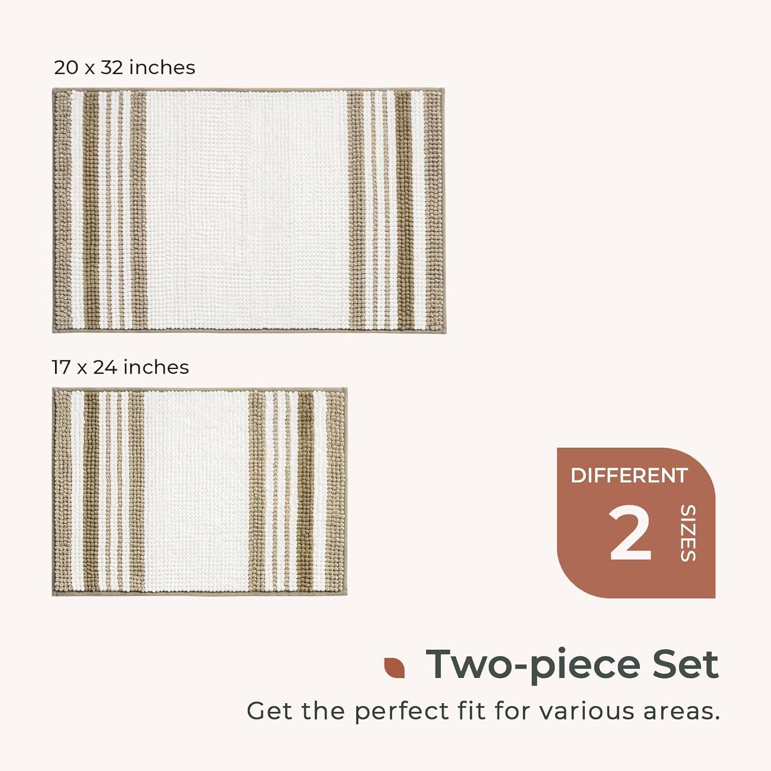Stripe Chenille Bathroom Rugs Sets 2 Piece 17"x24"+20"x32", Soft Bath Mats for Bathroom Floor Non-Slip, Boho Washable Bath Rugs Set, Water Absorbent Shower Mat, Beige and White