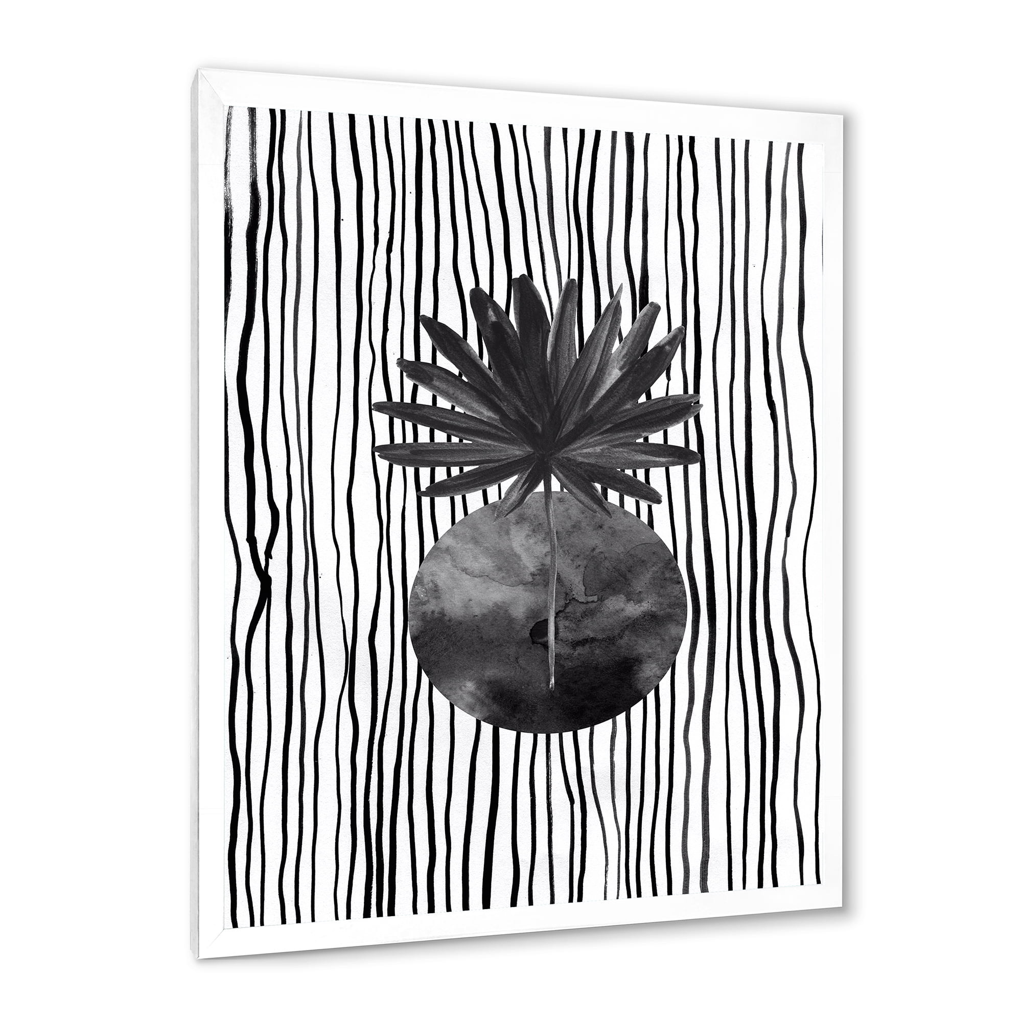 Designart 'Black and White Striped Under Tropical Leaf I' Modern Framed Art Print