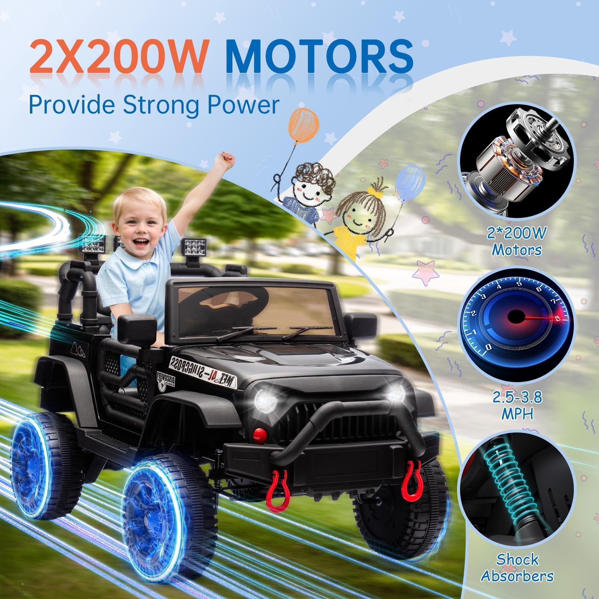 DYNALUNE  24V Kids Ride on Jeep, 400W Battery Powered Car with 4-Wheel Suspension & Music