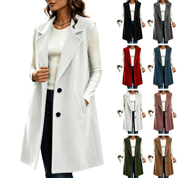 Long Wool Vest Coat for Women Sleeveless Single Breasted Blazer Jacket Lightweight Notched Lapel Collar Waistcoat with Pockets Fall Winter Warm Cozy Outerwear Business Casual Work Wear