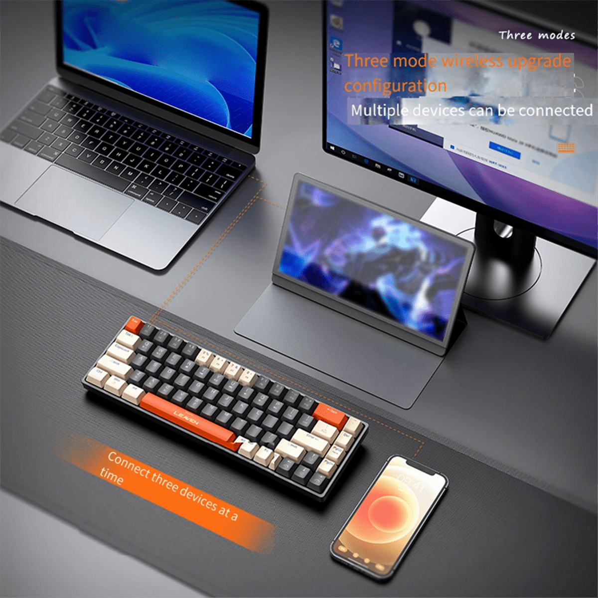 Wireless Three-Mode Mechanical Keyboard 2.4G Bluetooth Wireless Keyboard RGB Hot-Swappable,for Gaming Computer Office,1 x Data cable 1 x keyboard 1 x English manual