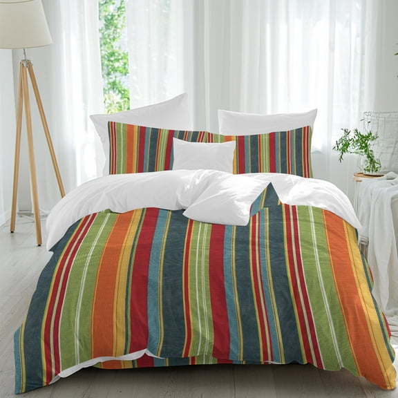 Red Green Stripes Bedding Duvet Cover Set California King Size 4 Pieces, Country Vintage Farmhouse Lines Wood Grain Bedding Set, 1 Comforter Cover 96x104 Inches 1 Flat Sheet & 2 Pillow Cases