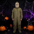 thumbnail image 7 of Olive Green Full Body Jumpsuit with Spooky Hockey Mask & Tassels, Classic Horror Style Full Body Onesie with Zipper & Pockets for Halloween Sleepwear Cosplay(Green,L), 7 of 7