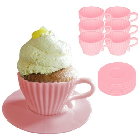 Evelots 12 Piece Set Oven Safe Silicone Mold Teacup Shaped Cupcake Baking Set (6 Cups/6 Saucers)-Reusable Food Grade BPA Free-2 Colors