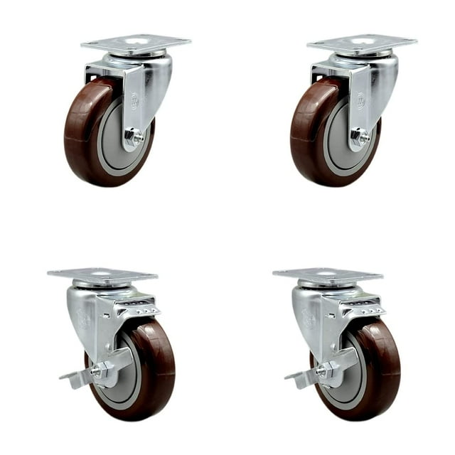 Polyurethane Swivel Top Plate Caster Set of 4 with 4 Inch Maroon Wheels - Includes 2 Swivel with Top Locking Brakes and 2 Swivel - 1400 lbs. Total Capacity - Service Caster Brand