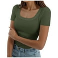 thumbnail image 2 of Womens T Shirts Summer Short Sleeve Square Neck Slim Fitted Basic Top Basic Tees for Women Green XXL, 2 of 5