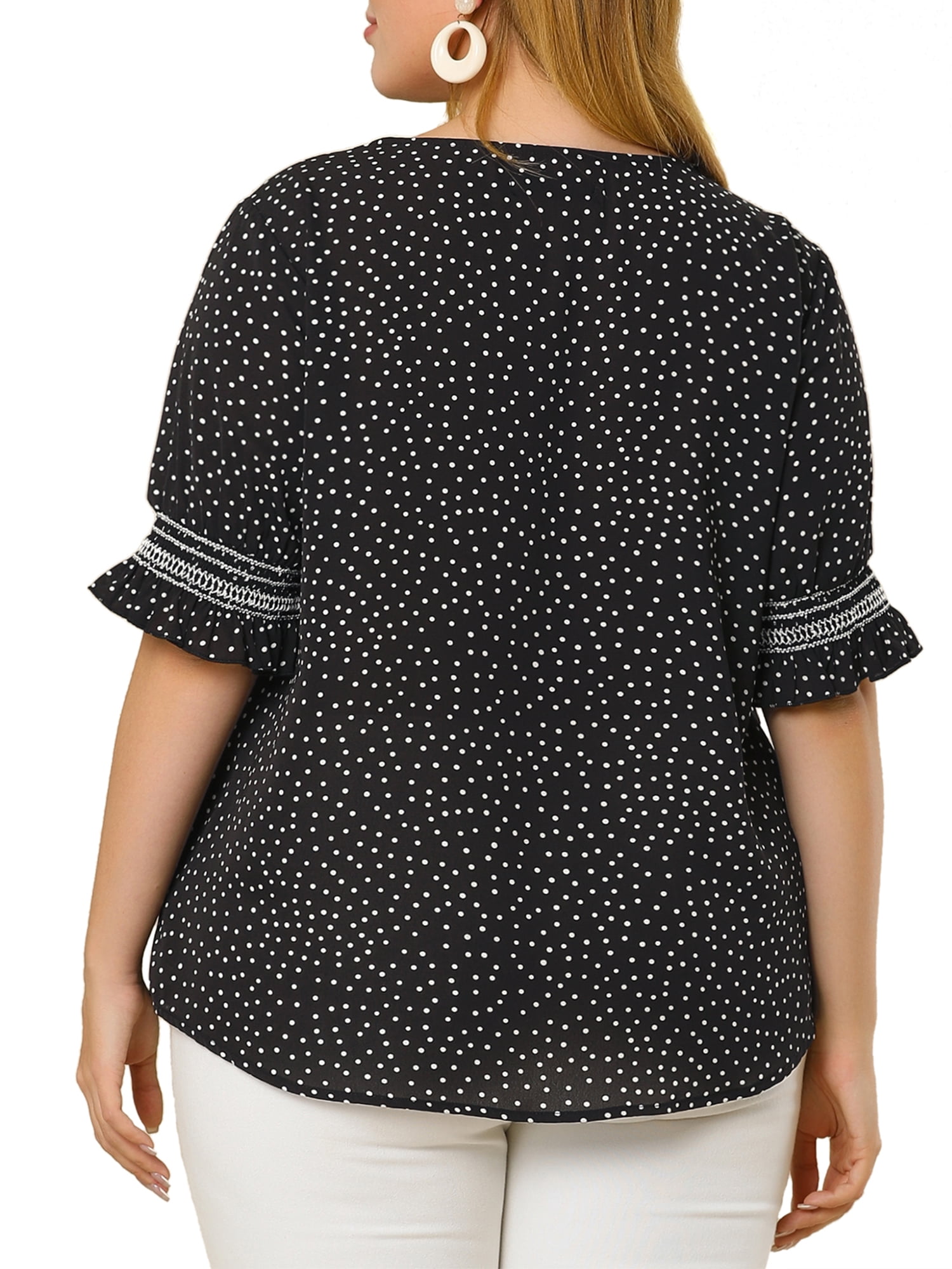 Unique Bargains Women's Plus Size Dots Heart Smocked Short Sleeve Blouse 1X Black