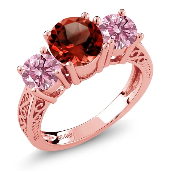 Gem Stone King 18K Rose Gold Plated Silver Red Garnet and Pink Lab Grown Diamond Engagement Ring for Women | 2.50 Cttw | Round 7MM | Gemstone January Birthstone | Size 7