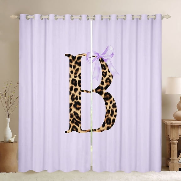 Manfei Vintage Leopard Print Letter Monogrammed B Black Out Curtains for Girls Women,Purple Ribbon Bow Knot Curtains Pack of 2 (42x63 Each) for Kids Teens,Super Cozy Room Decor