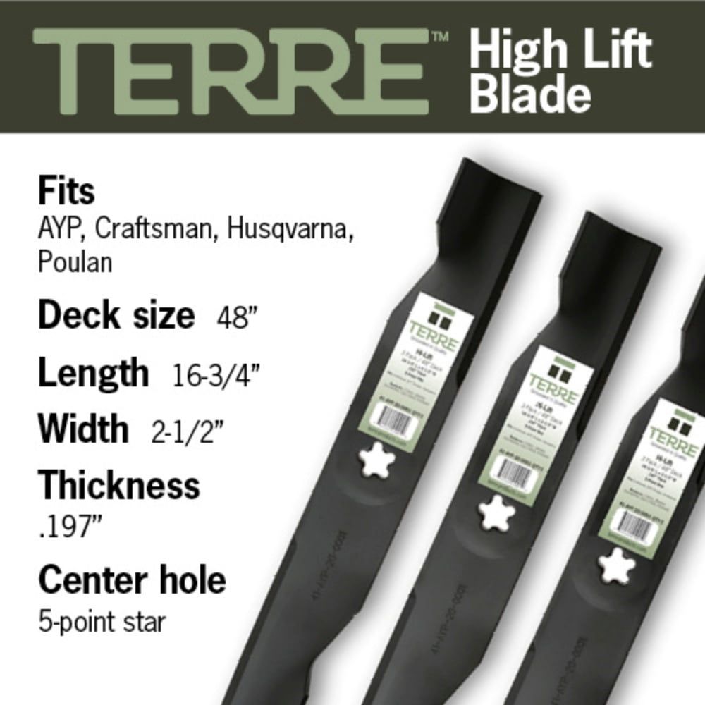 Terre 3 Pack 48 Inch Hi Lift Lawn Mower Blades for Craftsman, YTH