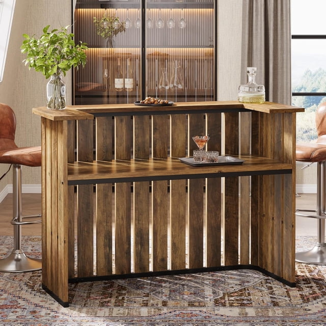 Finmind Bar Unit, 63-Inch Wine Bar Cabinet Bar Table for Pub, Rustic Brown
